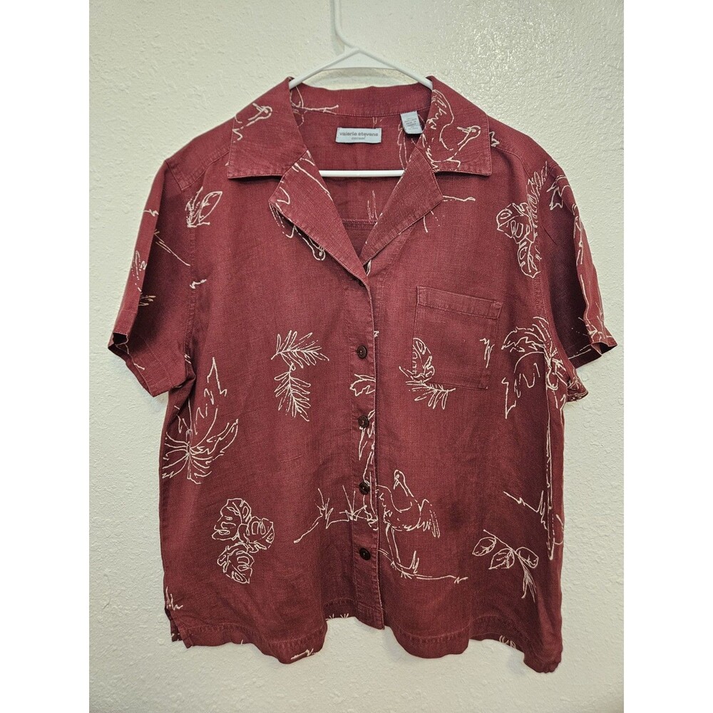 Valerie Stevens 100% Linen Button Down Shirt Top Women's Size XL Maroon Rust VTG